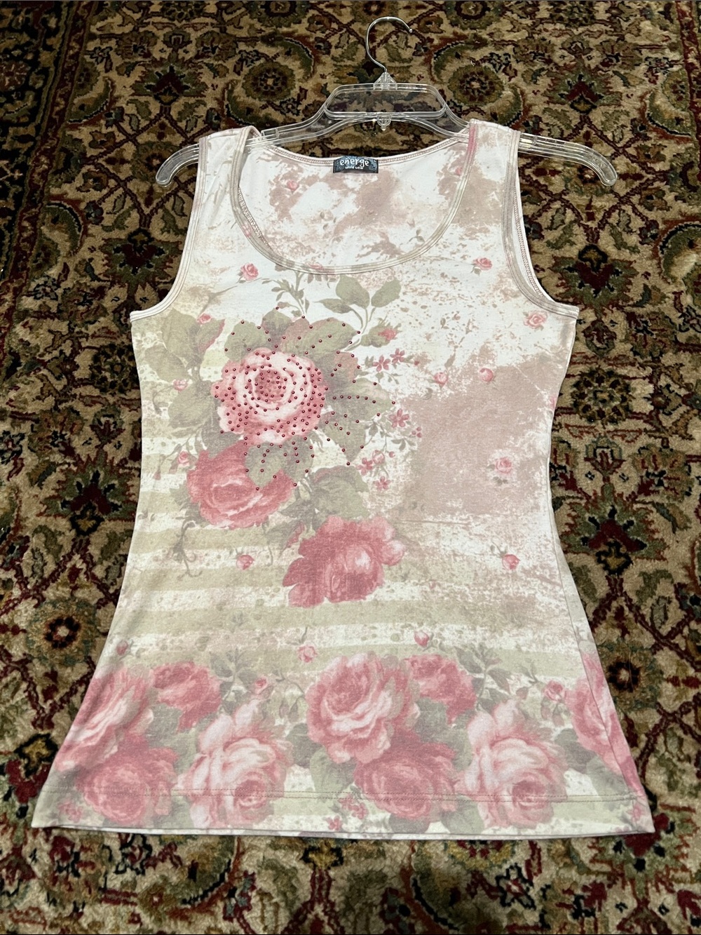 Energe Floral Pink Scoop Neck Tank Top with Rhinestone Detail Size Medium